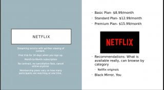 Netflix logo, red letters and black background with descriptions of this service